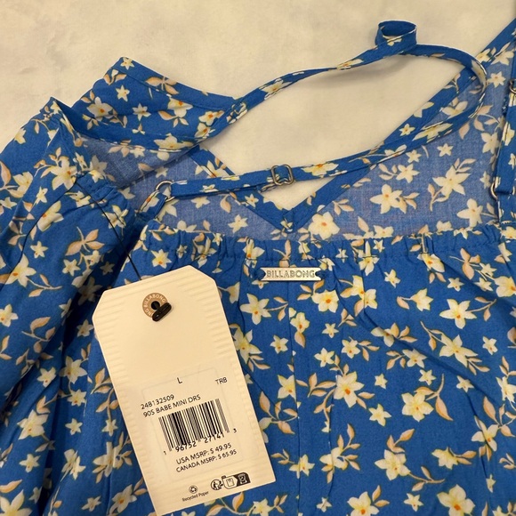 Billabong 90s Babe Mini dress, Blue with Yellow Floral Pattern, large - Picture 5 of 13